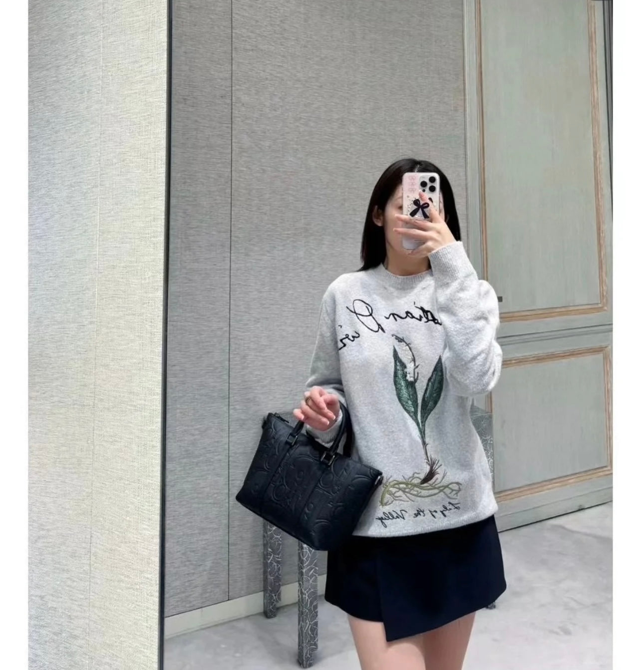 Lily of the valley flower embroidered round neck pullover sweater