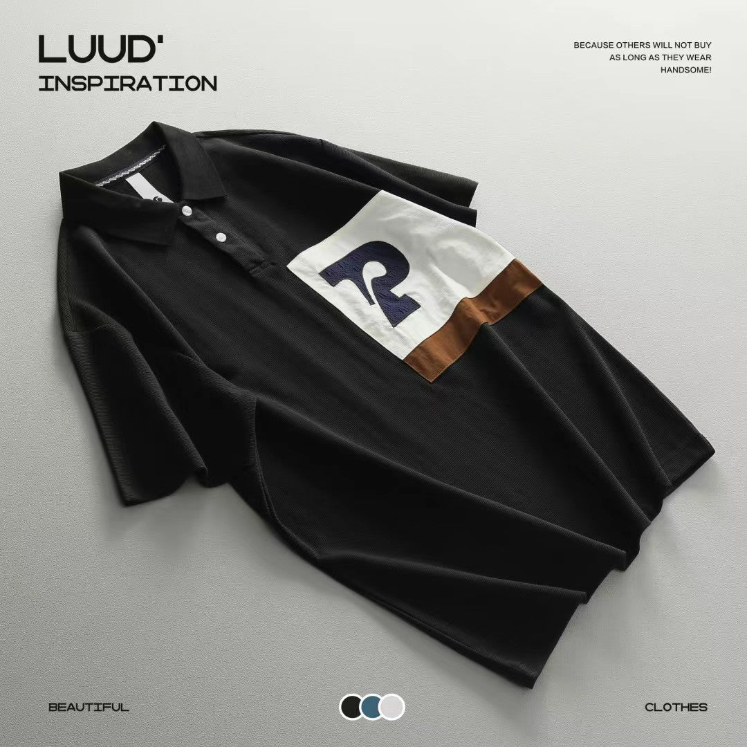 LUUD-Contrasting color sticker big question mark. Lapel POLO shirt