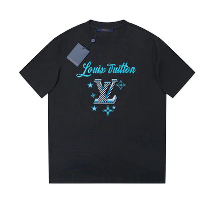 Blue embroidered black T-shirt