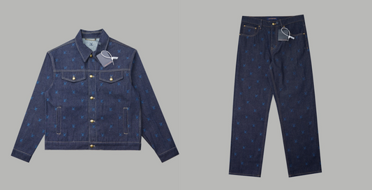 Embroidered blue denim suit for both men and women