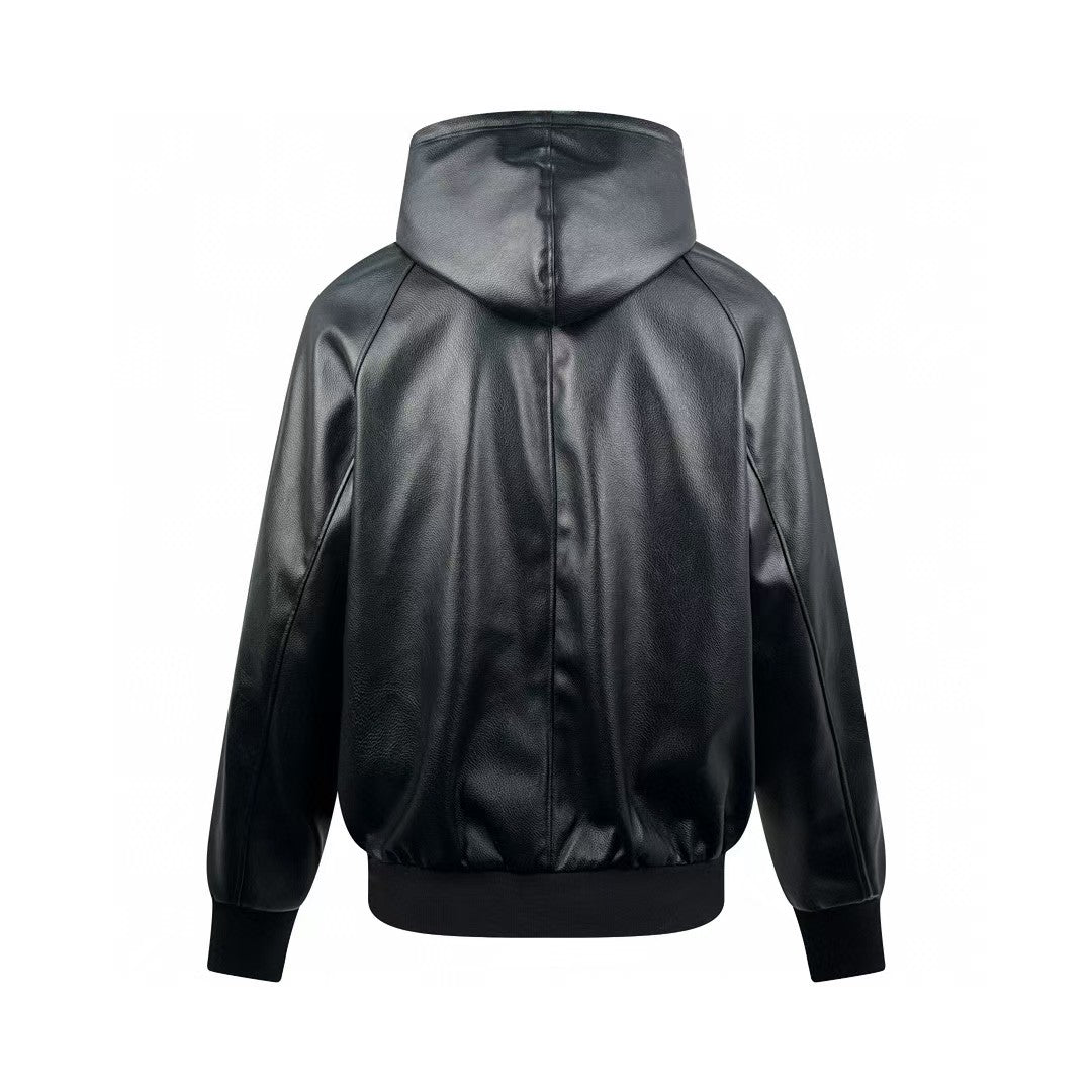 Leather hooded jacket