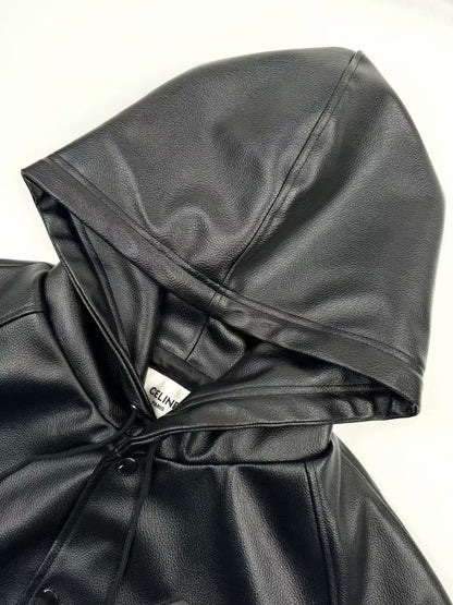 Leather hooded jacket