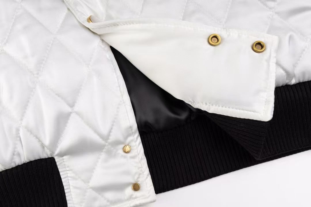 Black and white color blocked pearl embroidery baseball jacket cotton jacket