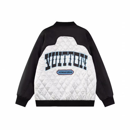 Black and white color blocked pearl embroidery baseball jacket cotton jacket