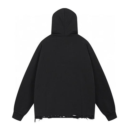 Printed and washed hem, worn and worn-out hooded sweatshirt