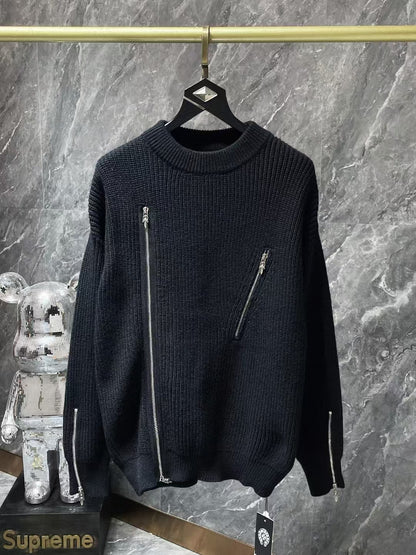 Zipper Design Round Neck Sweater