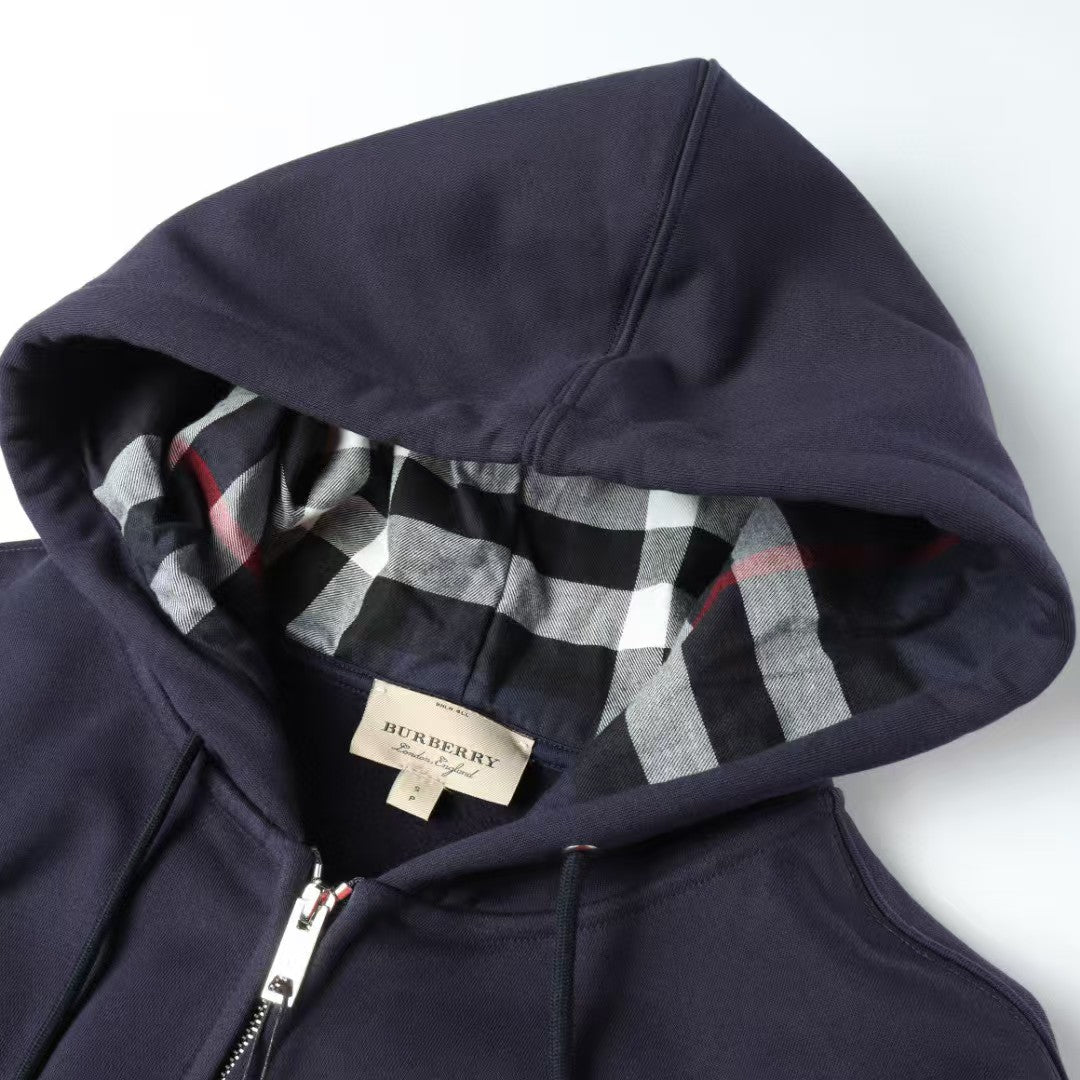 Alphabet embroidered checkered zipper hooded sweatshirt jacket