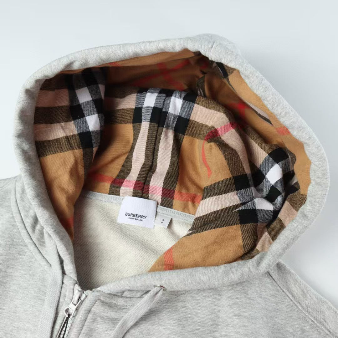 Alphabet embroidered checkered zipper hooded sweatshirt jacket