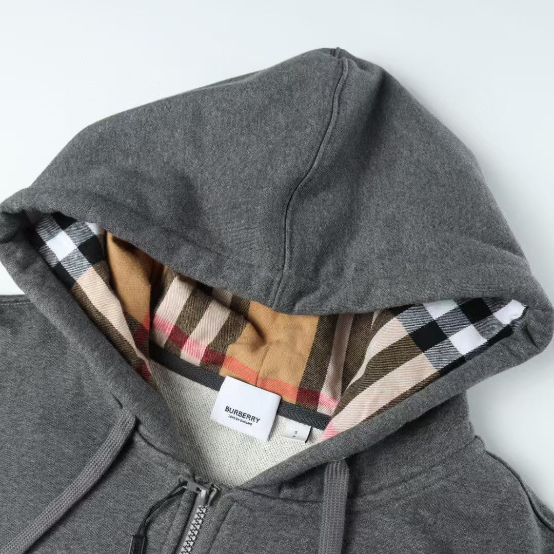 Alphabet embroidered checkered zipper hooded sweatshirt jacket