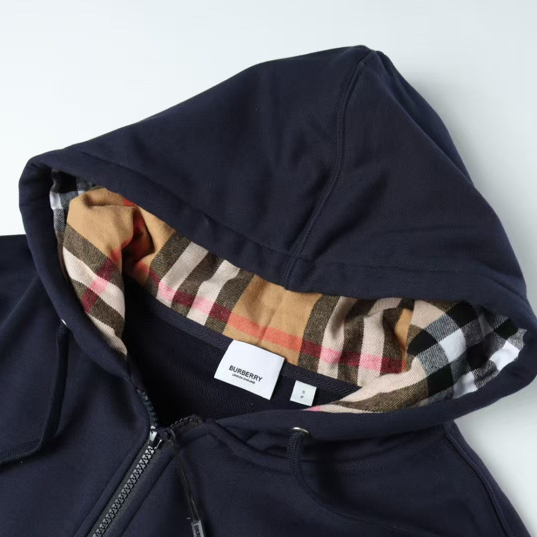 Alphabet embroidered checkered zipper hooded sweatshirt jacket