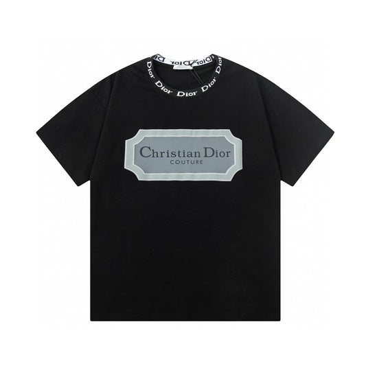 Alphabet Ribbon Collar Silver Frame Printed T-shirt