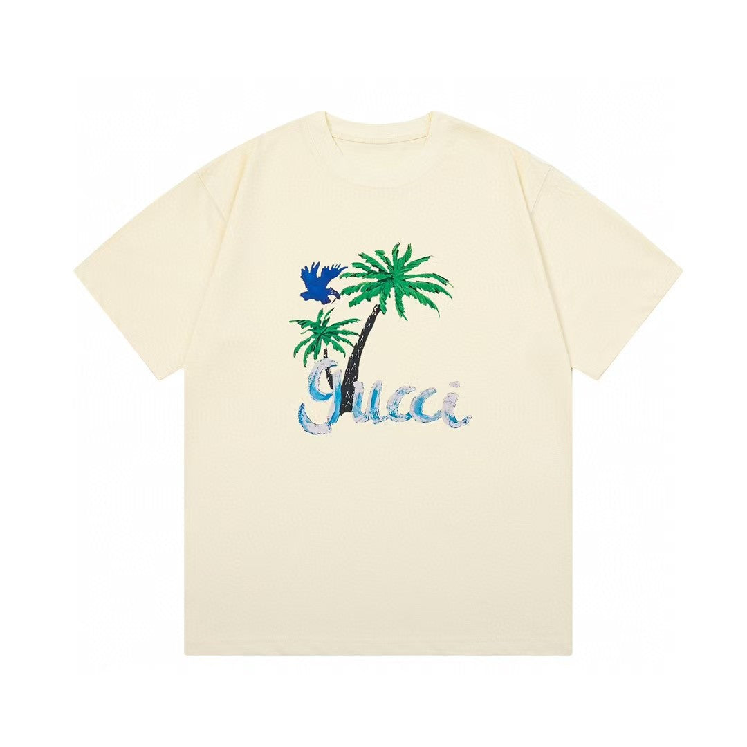 Coconut tree letter printed short sleeved shirt