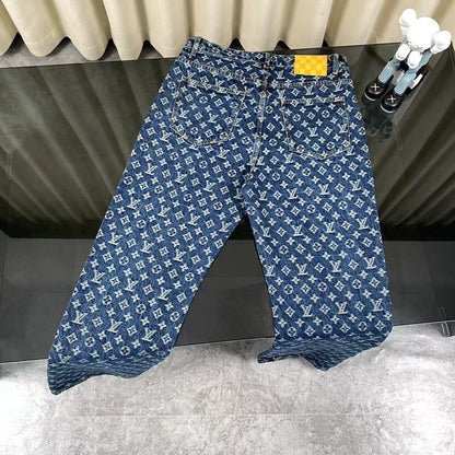 Early spring series pure cotton pleated full printed side leather jeans