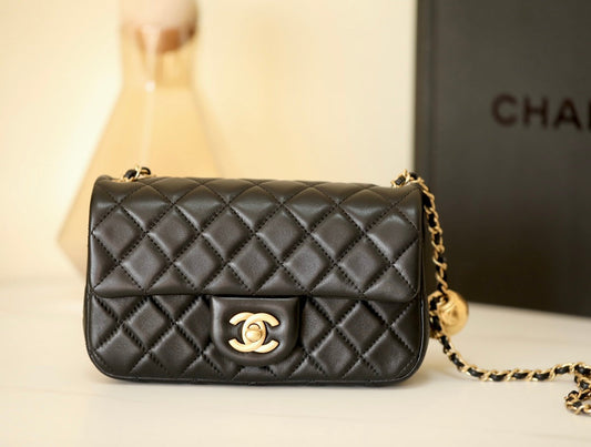 Mini Rectangular Pearl Crush Quilted Black Lambskin Gold Hardware