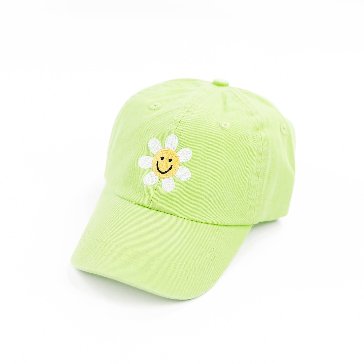 FLOWER PETALS SMILEY - Child Size Baseball Cap (Lime Green)