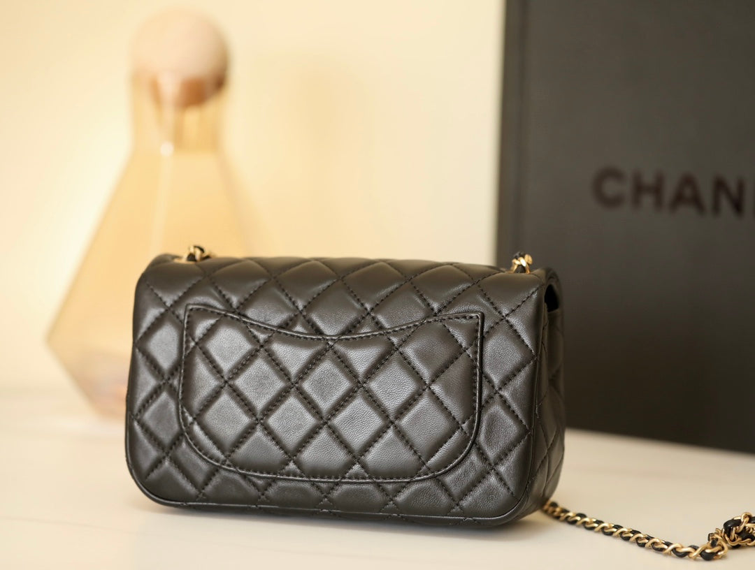 Mini Rectangular Pearl Crush Quilted Black Lambskin Gold Hardware