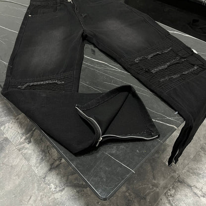 High Quality Zipper Ripped PU Jeans